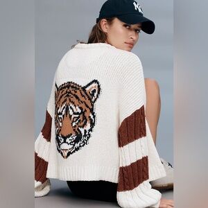 Pilcro Anthropologie Cable-Knit Tiger Icon Zip-Up Sweater Extra Large
